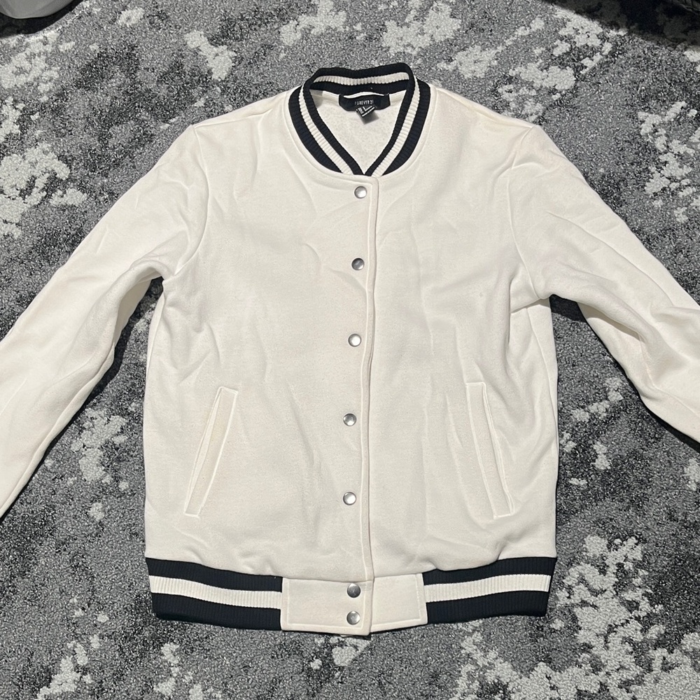 Forever 21 White Varsity Jacket with Black Accents